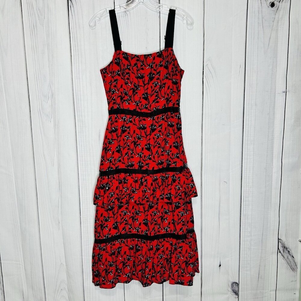 Adelyn Rae Red Black Floral Tier Midi Dress Sz XS Adjustable Lined